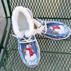 Blue Snowman Slippers with White Fur Trim